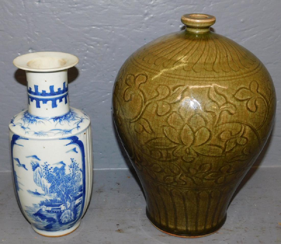 Blue & white vase & Oriental celadon water bottle. (1 of 3)
