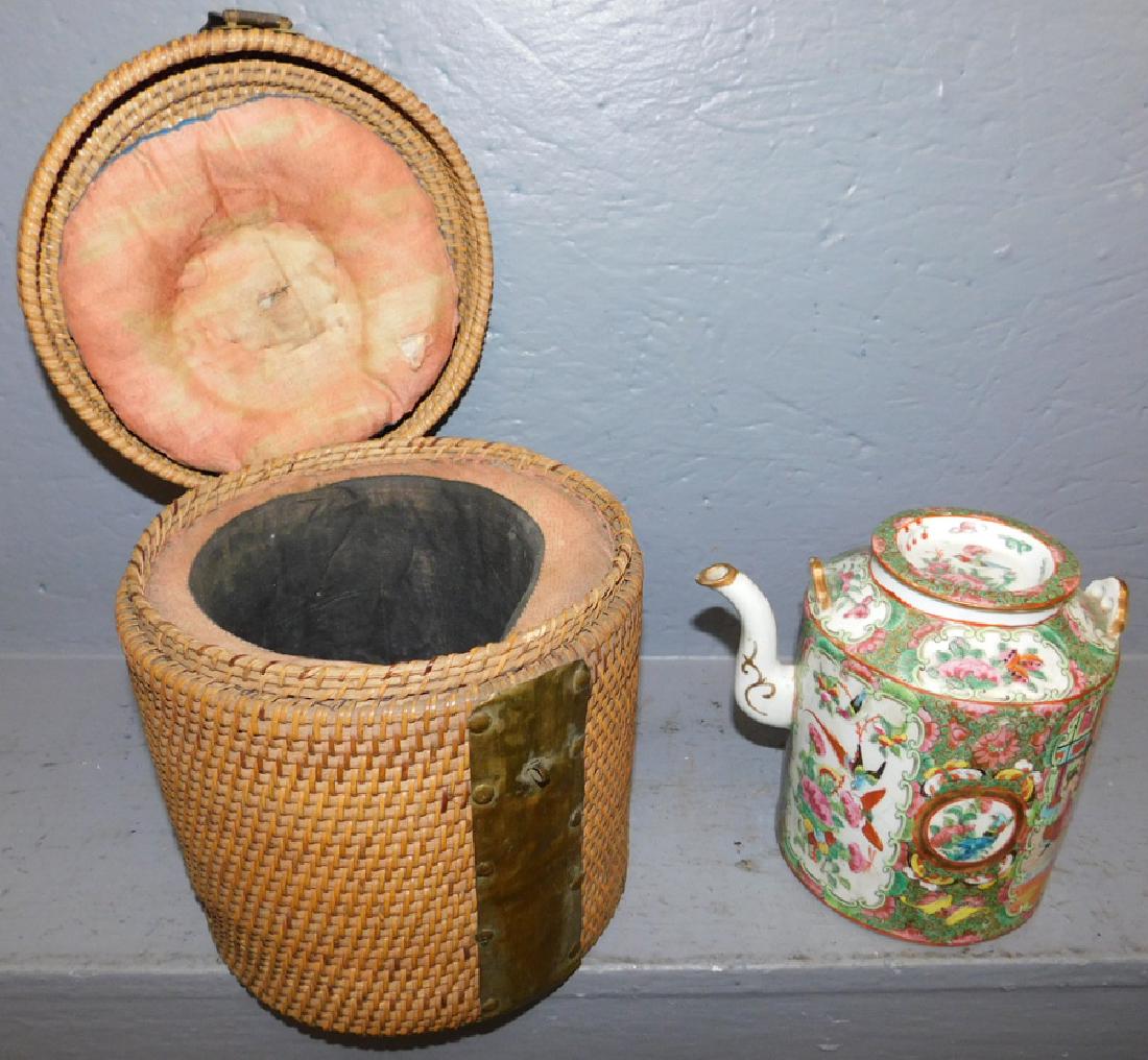 19th C Rose Medallion teapot with original basket (1 of 3)