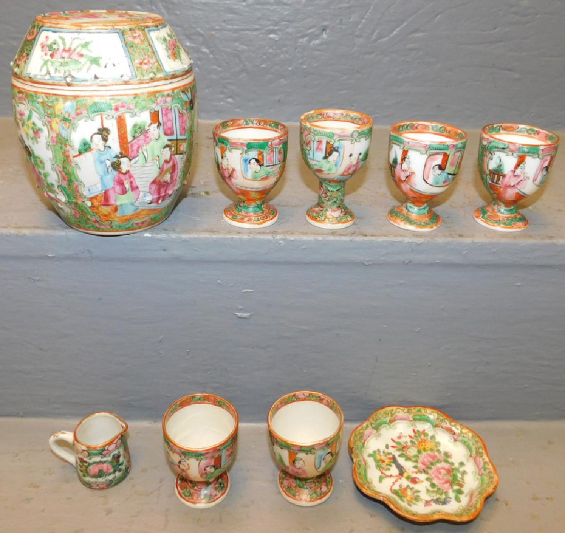 6 RM egg cups, tea caddy, pitcher & butter pat.: 6 Rose Medallion egg cups, tea caddy, pitcher and butter pat.
