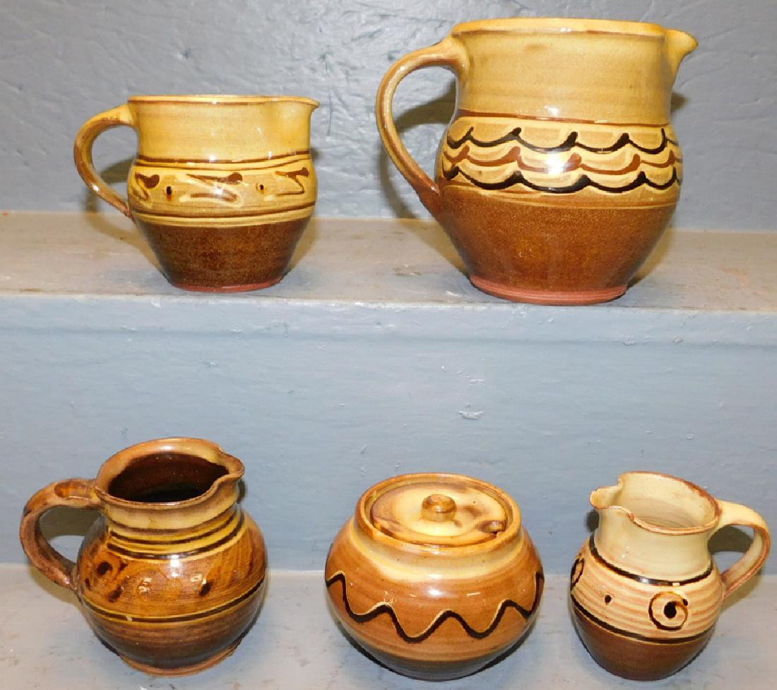 5 pcs.Wincombe, Tustin & Aylesford Priory pottery.: 5 pcs. Early Wincombe, Sidney Tustin and Aylesford Priory English pottery. To 5" tall.
