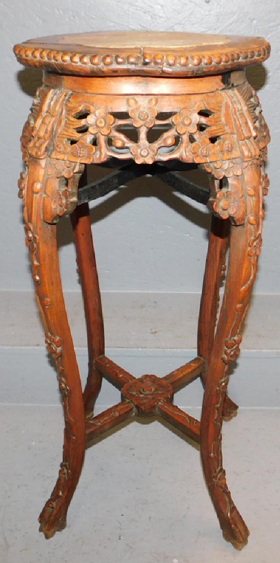 19th c carved teakwood Rose marble top stand. (1 of 2)