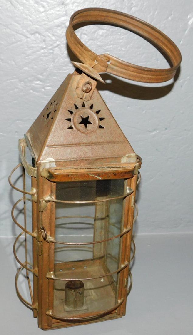 19th century tole and glass tin lantern. 16" tall. (1 of 2)