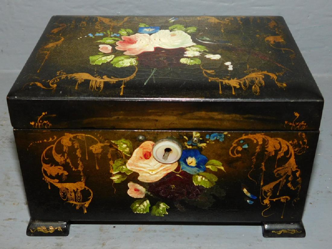 Lacquer and paint decorated fitted tea caddy. (1 of 3)