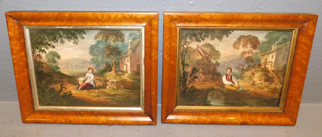 2 19th c watercolors in birds eye maple frames. (1 of 4)
