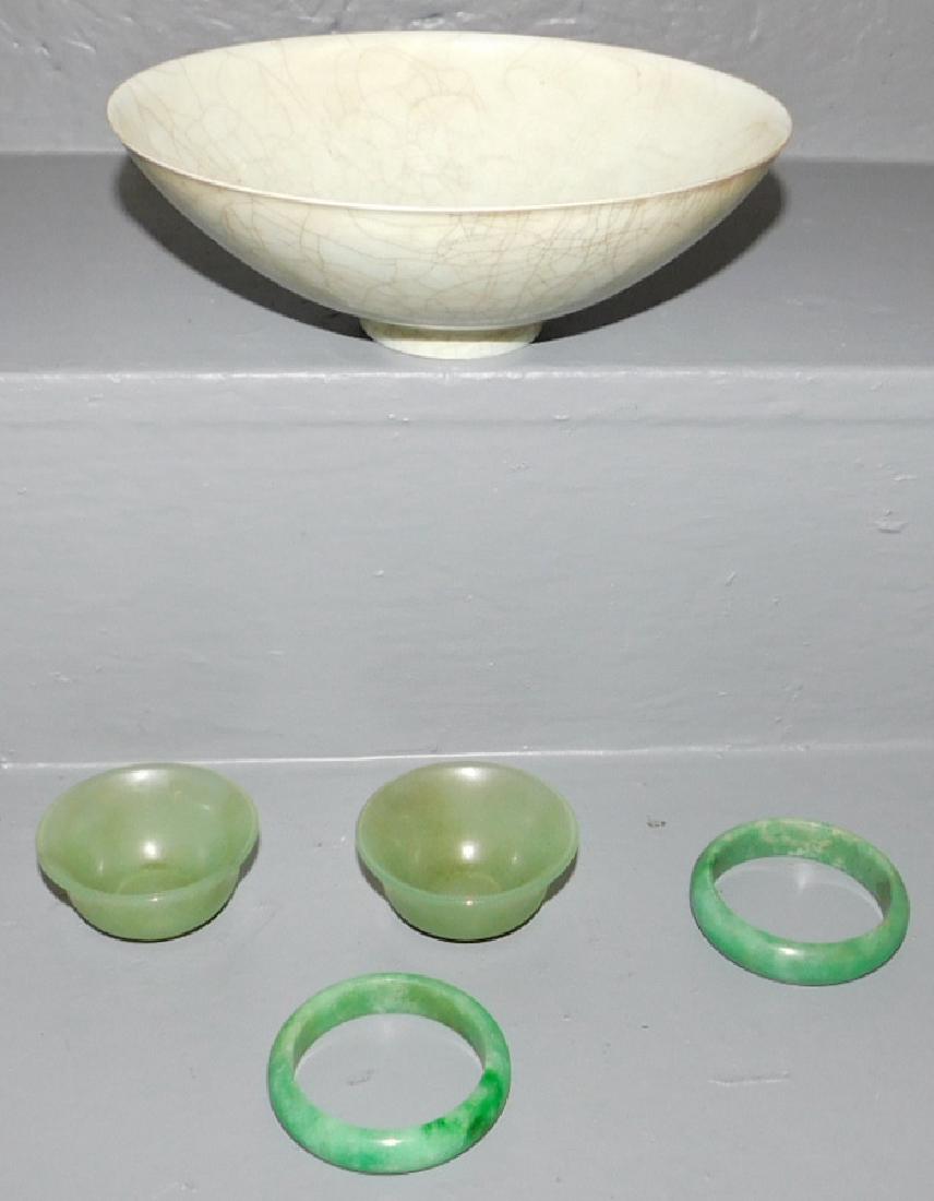 2 jade bangles, 2 jade cups &  crackleware bowl. (1 of 3)