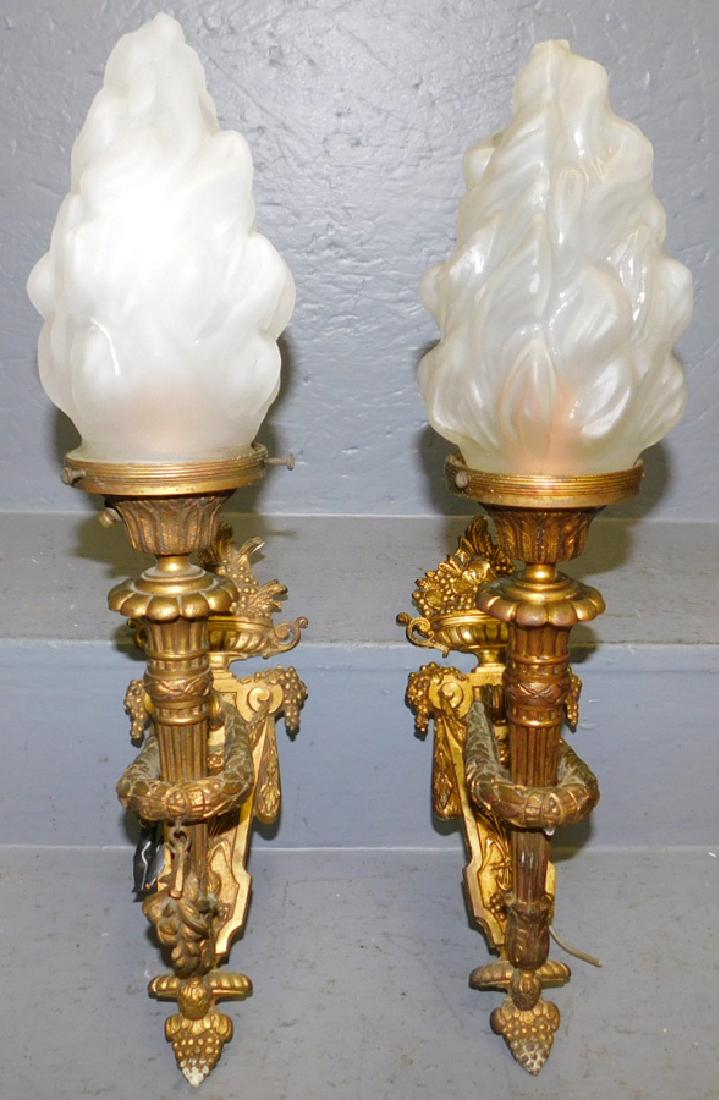 Pr Fr gilt bronze sconces w/ flame frosted shades. (1 of 3)