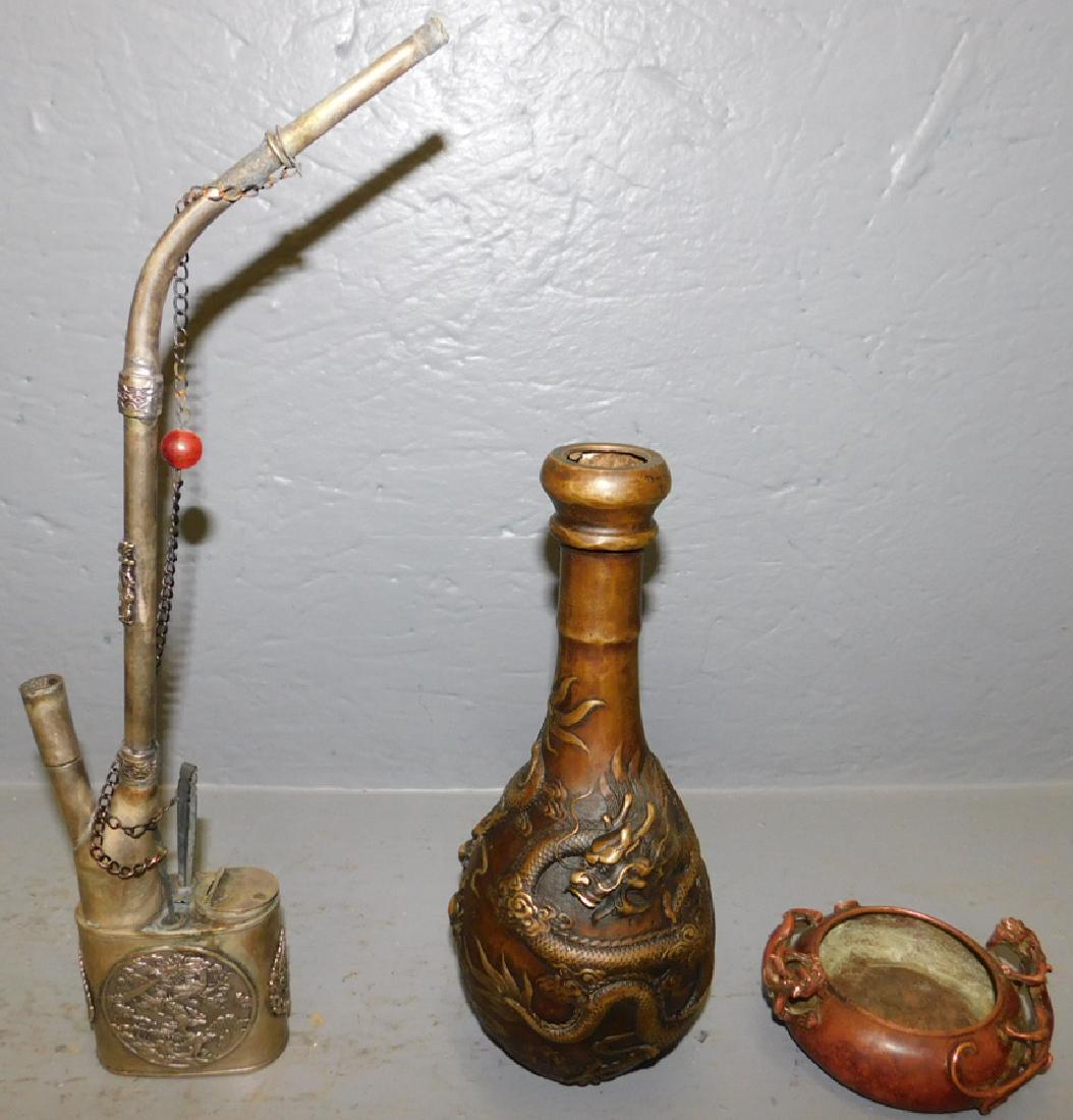 Bronze vase, pin tray and opium pipe. To 9 1/2" tall. (1 of 5)