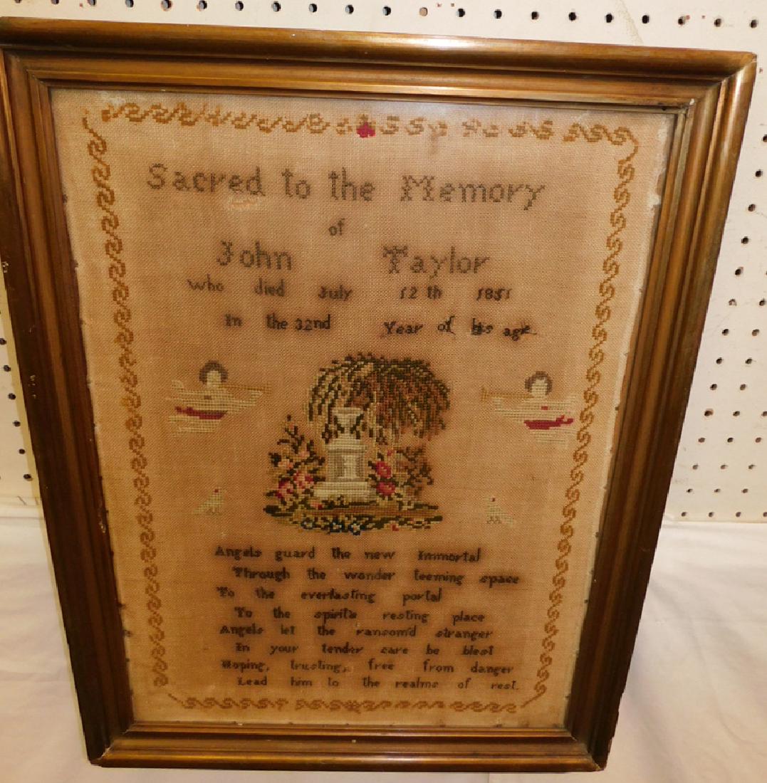 Mourning sampler dated 1851.: Mourning sampler dated 1851. 25" x 19".