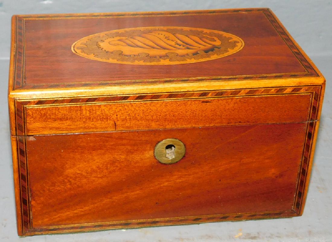 19th C conch shell inlaid mahog. fitted tea caddy. (1 of 3)