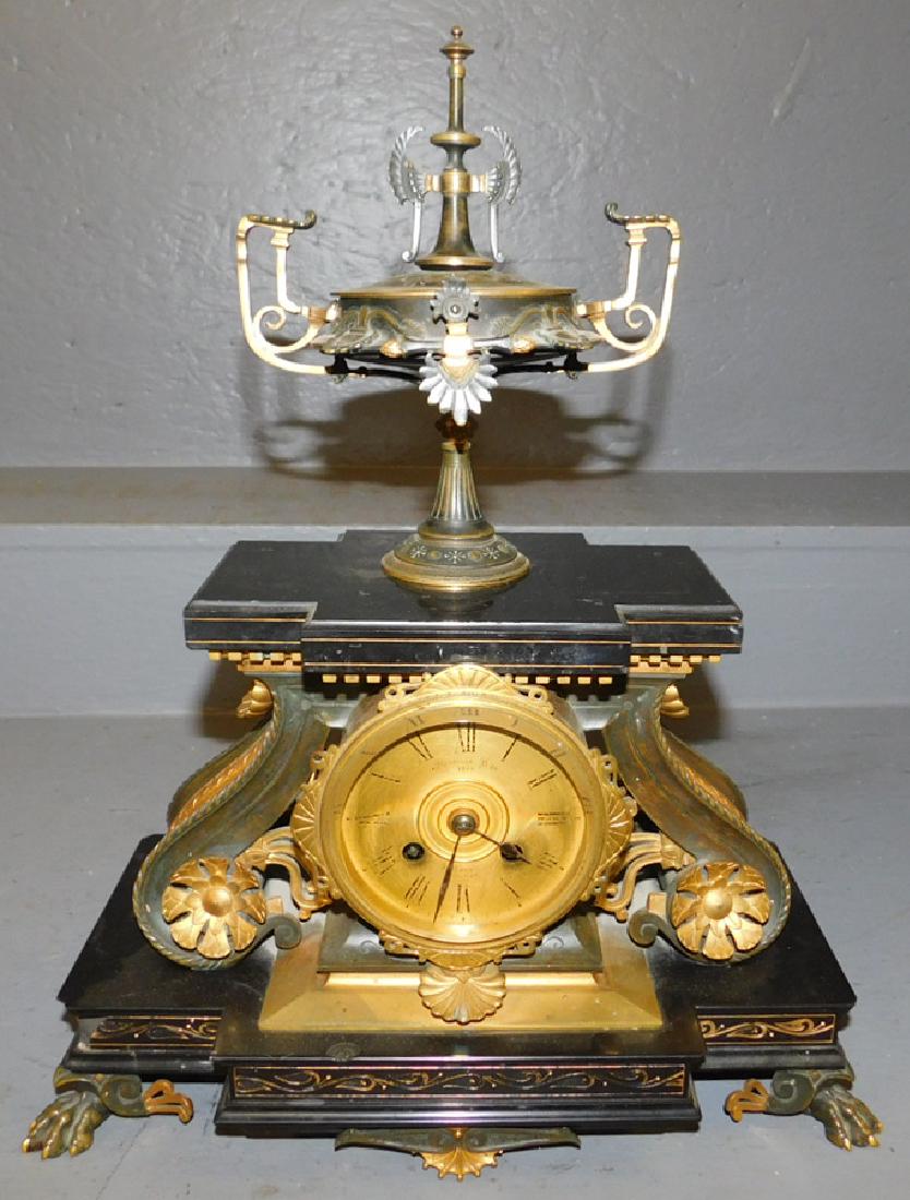 French bronze and marble clock.: French bronze and marble clock 1867 G. Serv Paris. 7" wide x 14" deep x 16" tall.