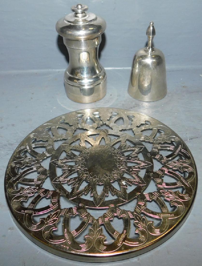 Sterl. & glass coaster, s.p. bell & sterling top mill: Sterling and glass coaster, plated bell and sterling top peppermill.