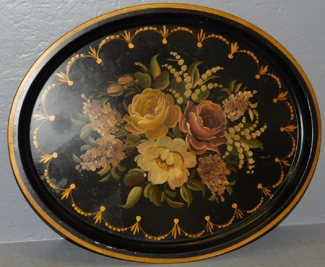Lrg oval floral tole painted tray. (1 of 2)