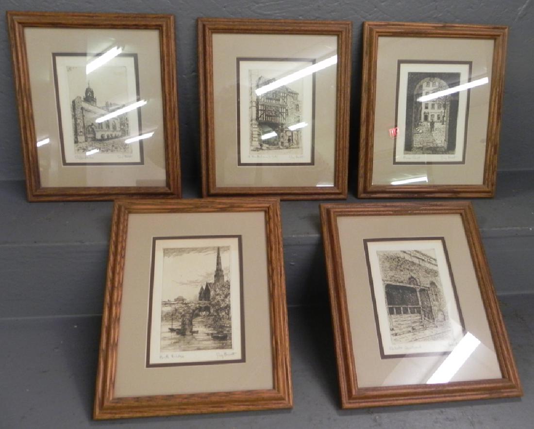 5 English Guy Brent signed engravings: 5 English village signed engravings by Guy Brent. 13" x 11".