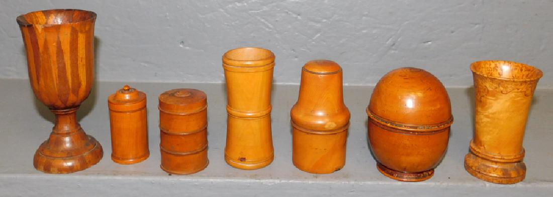 4 spice boxes & 3 burl inlaid cups (1 of 2)