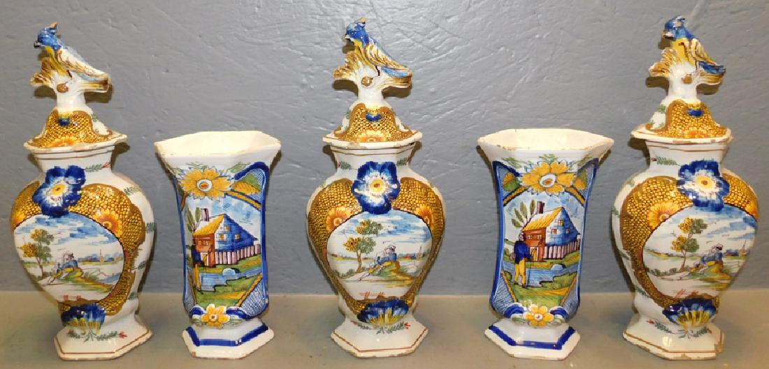 5 pc. 18th C Delft polychrome garniture. (1 of 9)
