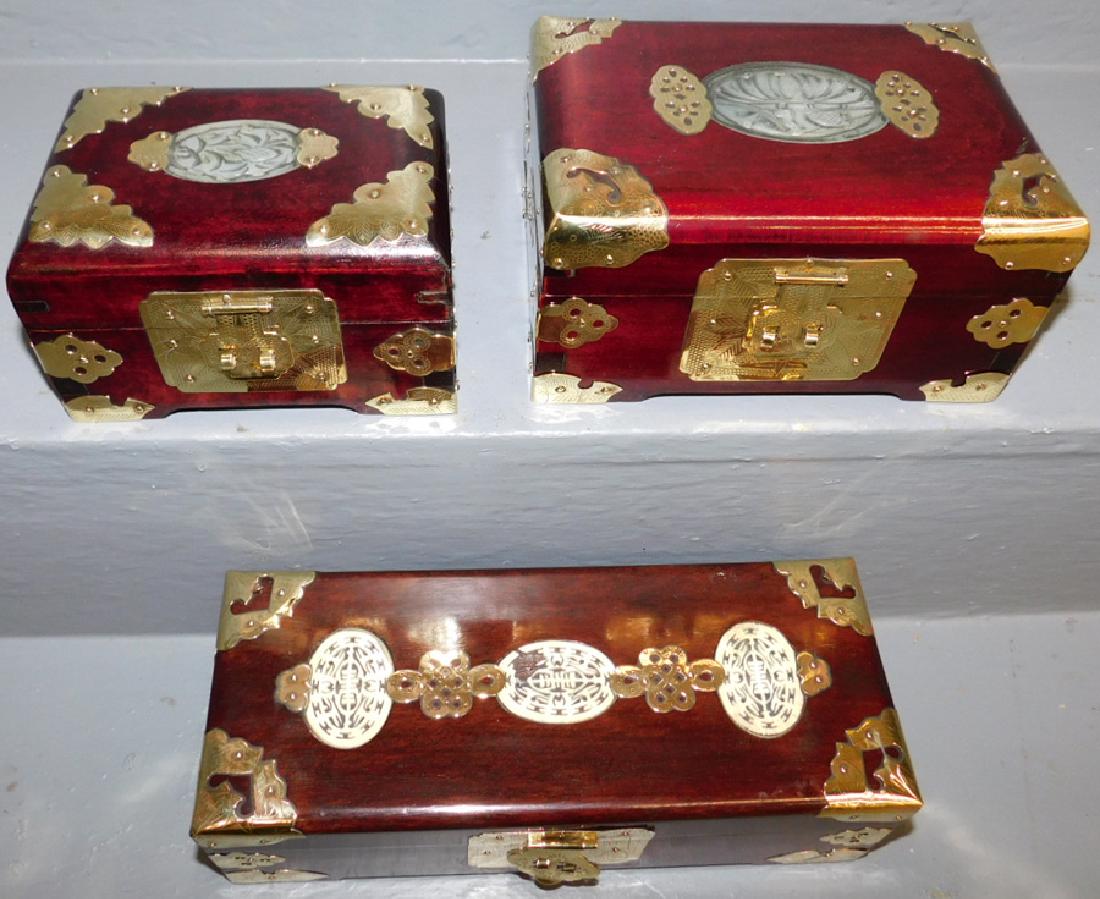 3 Polished brass and ivory bone insert boxes: 3 Polished brass and ivory bone insert Oriental boxes. To 10" long x 4" deep x 3" tall.