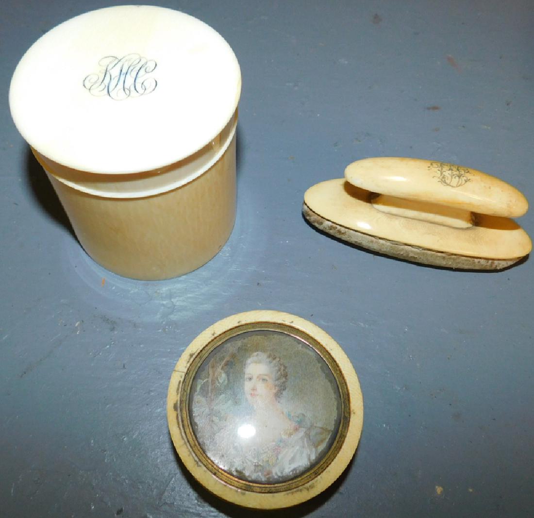 Painted bone box, powder box and buffer: Painted bone dresser box, bone powder box and bone nail buffer.