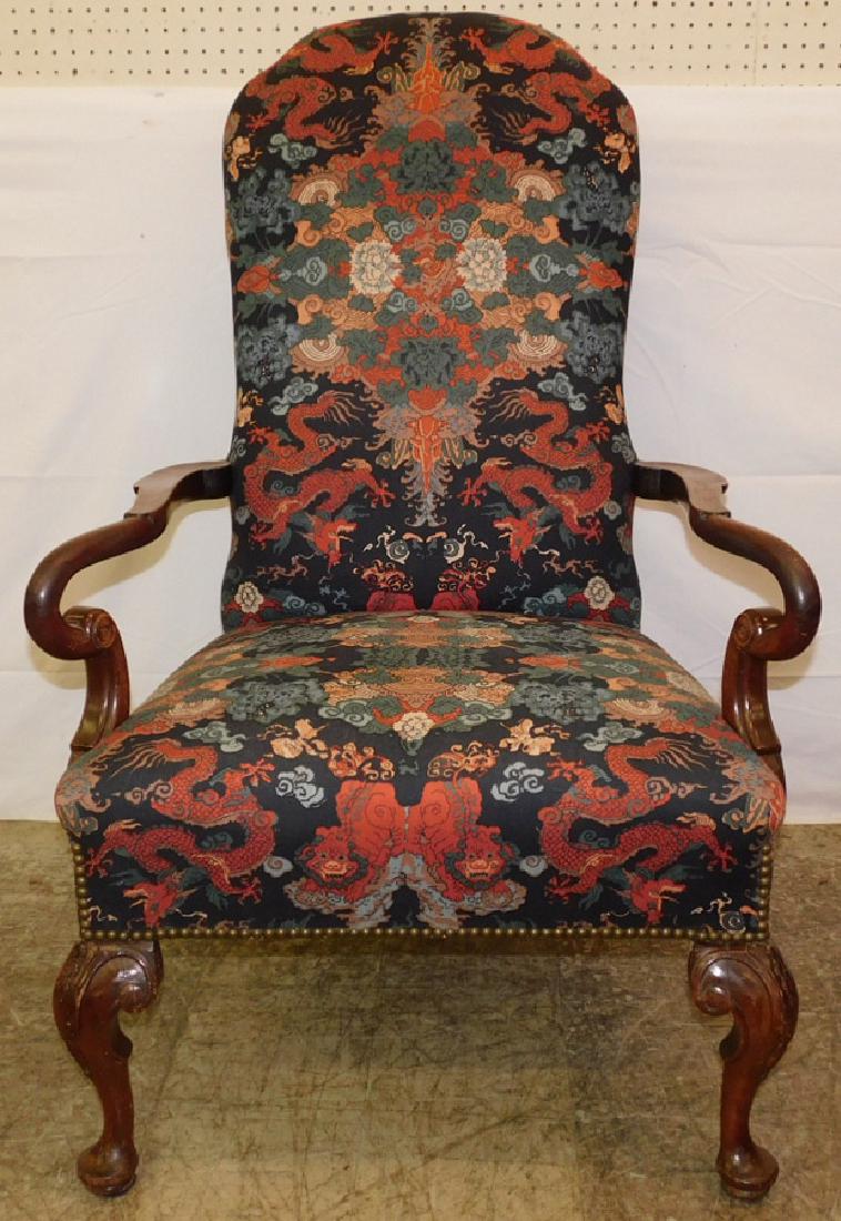 1900's cabinet made QA dragon uphol. chair: 1900's cabinetmakers Queen Anne walnut arm chair with dragon upholstery. 46" tall.