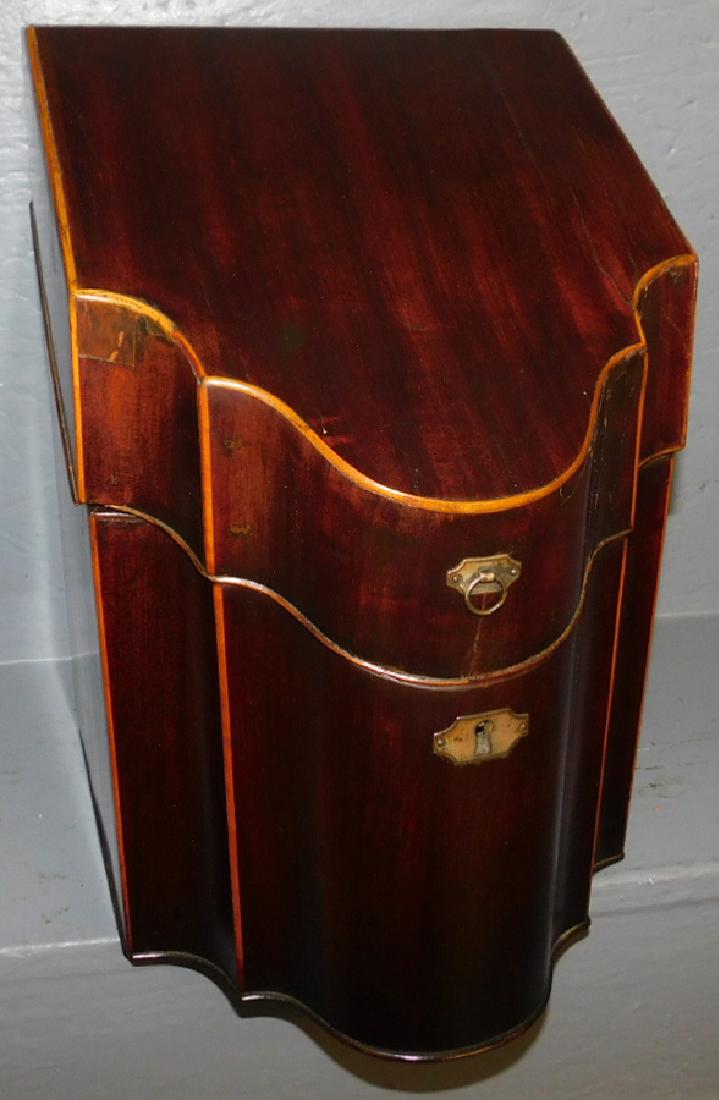 Mahog. 19th C inlaid knife box w/orig. fittings (1 of 3)