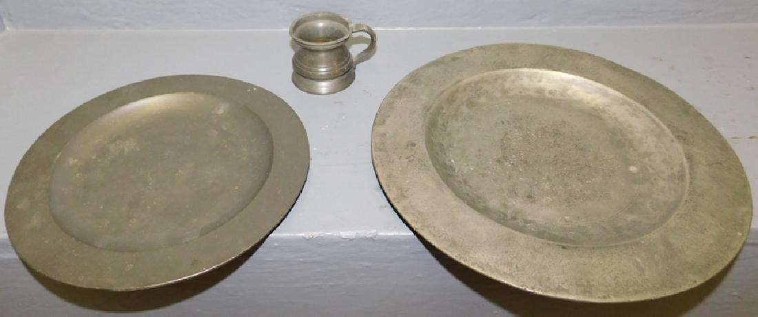 2 early 19th C pewter plates and small mug (1 of 2)
