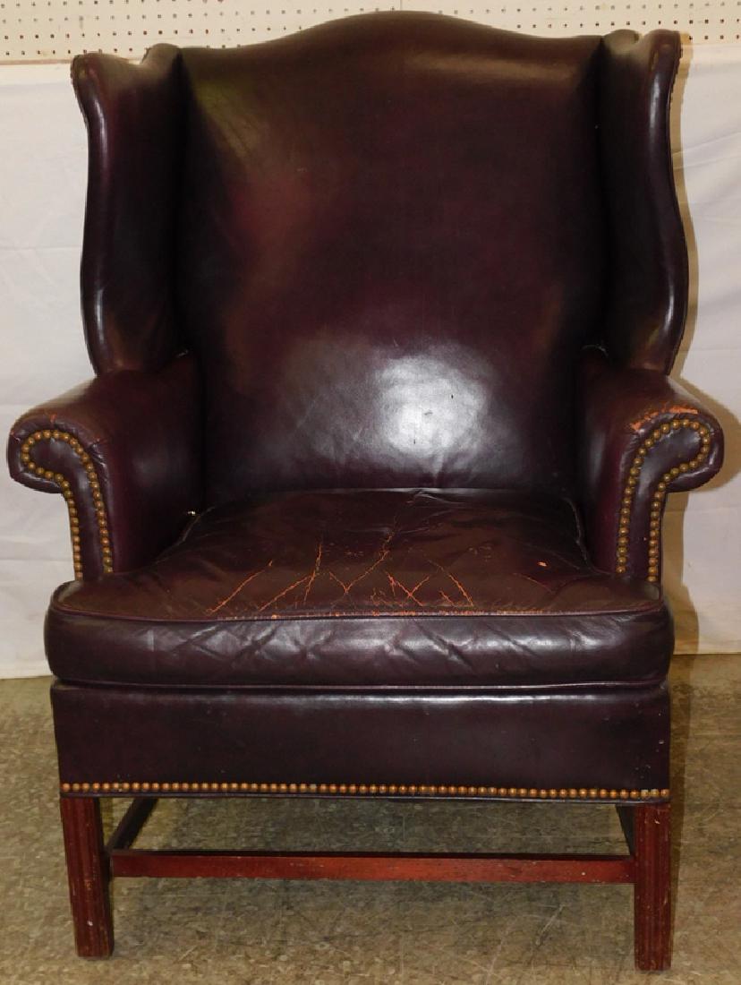 Burgundy Leather Wingback Chair With Age: Burgundy Leather Wingback Chair With Age. 44" H