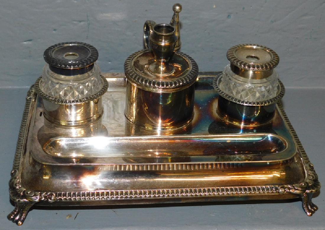 Old Sheffield Plate Inkwell w/ Original Bottles: Old Sheffield Plate Inkwell With Original Bottles. 10" W 7 1/2" D 5" H