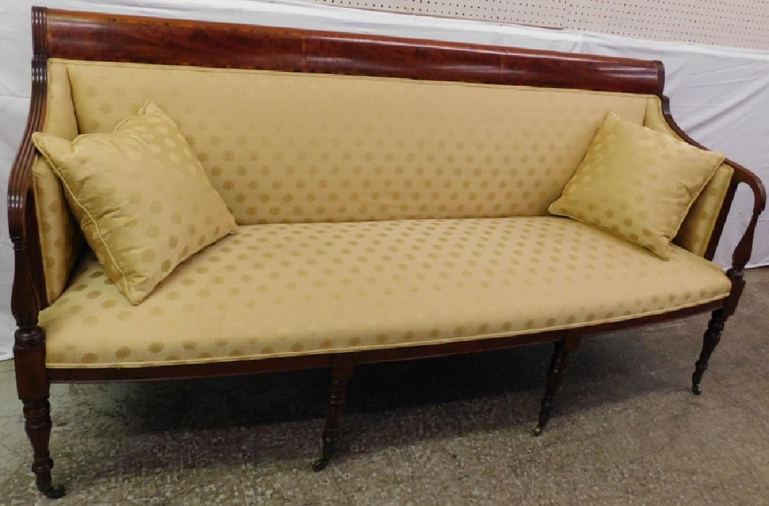 Pd Mah Sheraton Reeded Arms & Legs Sofa: Period Mahogany Sheraton Reeded Arms And Legs Sofa. 77 1/2" W 23" D 39 1/2" H