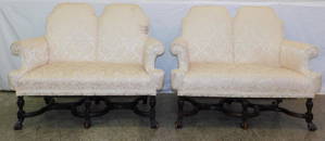 Pair Walnut William & Mary Style Loveseats