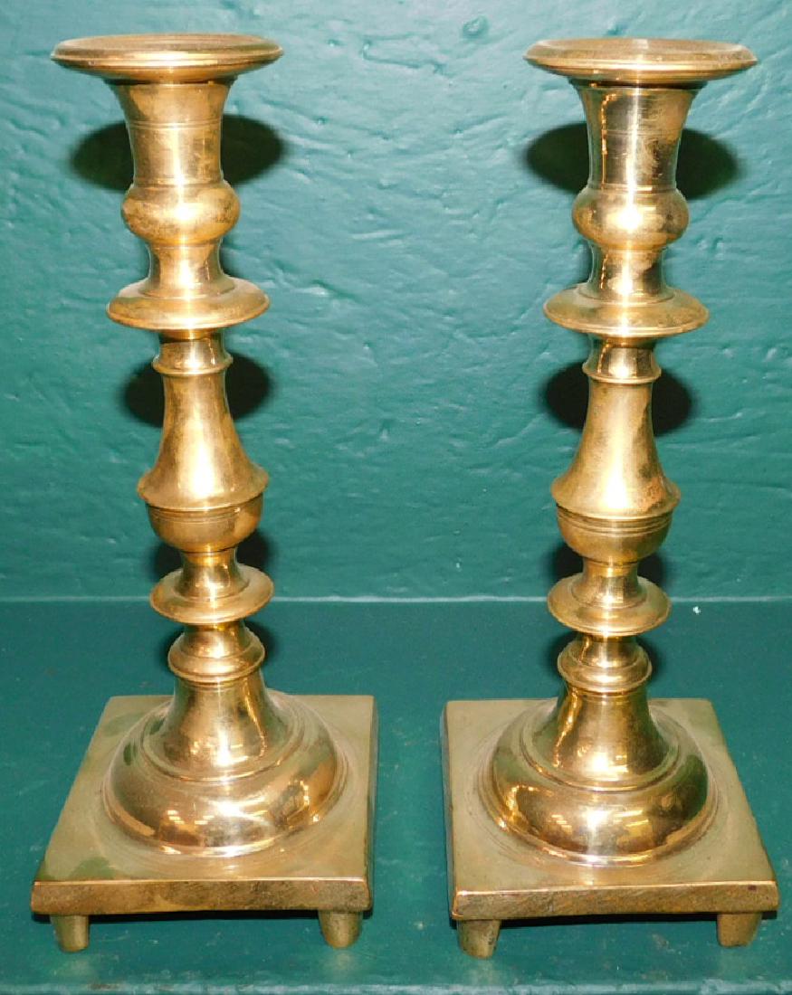 Pr 19th C Heavy Brass Footed Candlesticks (1 of 2)