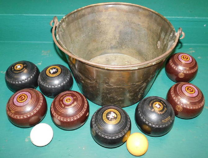 Brass Jelly Bucket And 8 Bocce Balls