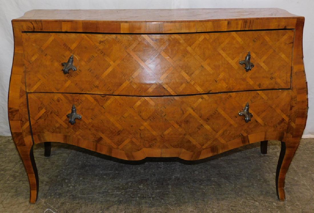 Italian Walnut Serp Fr 2 Drawer Commode: Italian Walnut Serpentine Front Two Drawer Commode W/ Parquetry Inlay. 40" W 16" D 30" H