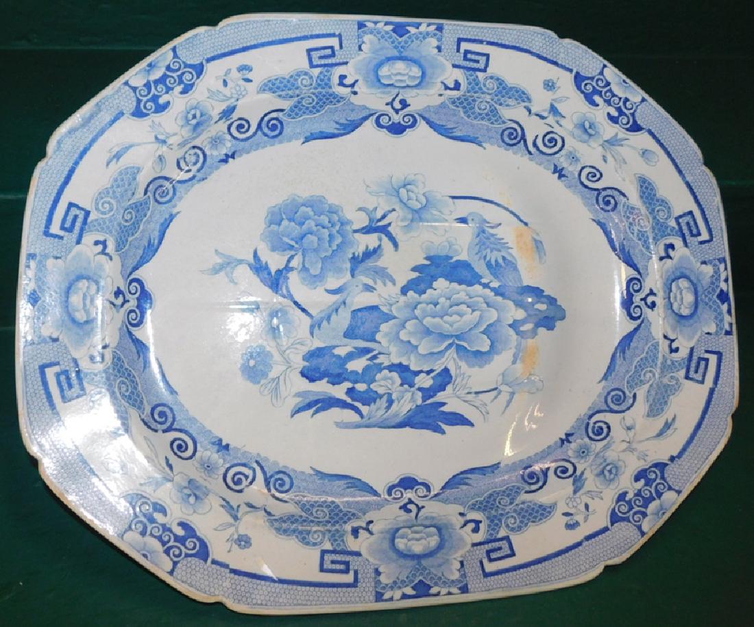 Blue & White Ironstone Well & Tree Platter: Early Blue & White Ironstone Well & Tree Platter. 16 1/2" X 20 1/2"