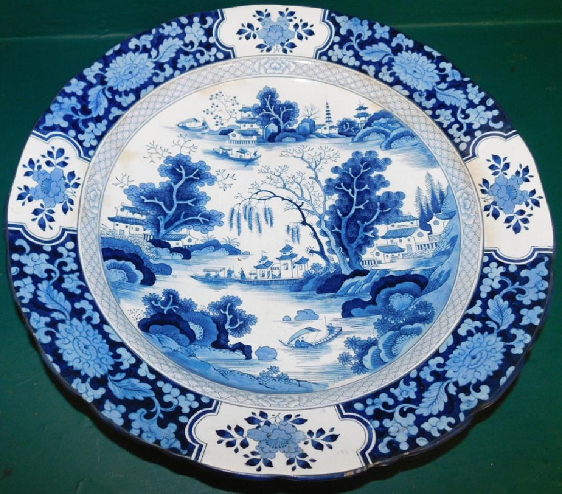 English Blue & White Booths Transfer Platter: English Blue & White Booths Transfer Platter. 14 1/2" Dia
