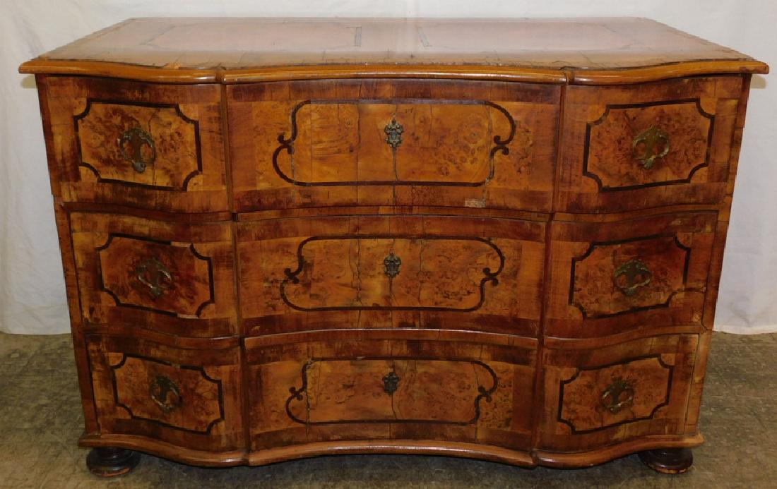 3 Dr Walnut Inlaid Italian Serpentine Commode: Three Drawer Walnut Inlaid Italian Serpentine Commode . 51" W 27" D 35" H