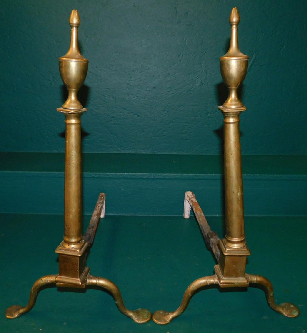 Pair 18th C Brass QA Andirons With Seams: Pair 18th C Brass Queen Anne Andirons With Seams. 24" H