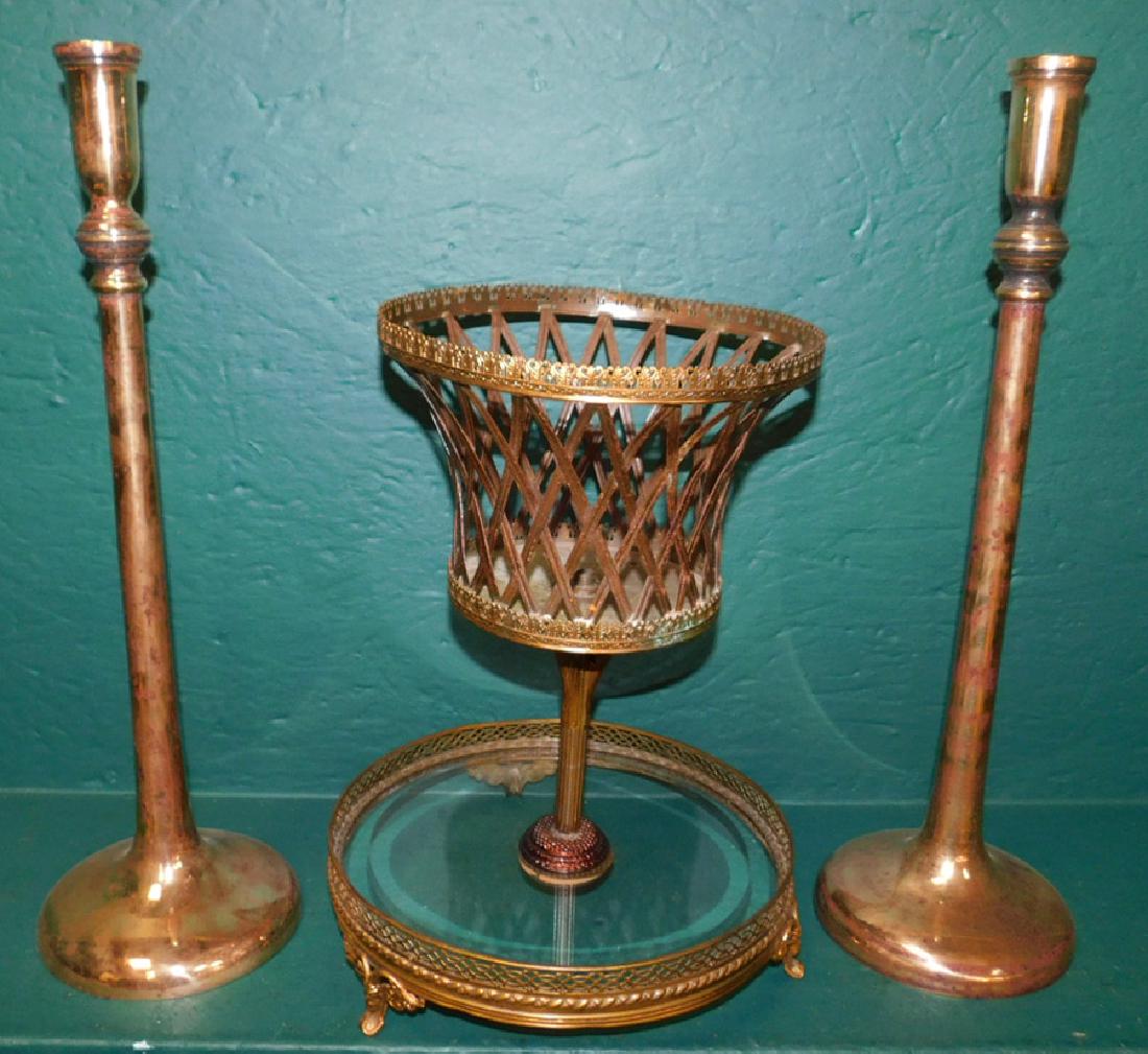 Pr Trumpet Brass C/sticks & Basket Epergne: Pair Trumpet Brass Candlesticks And Basket Epergne. Candlesticks are 18" H