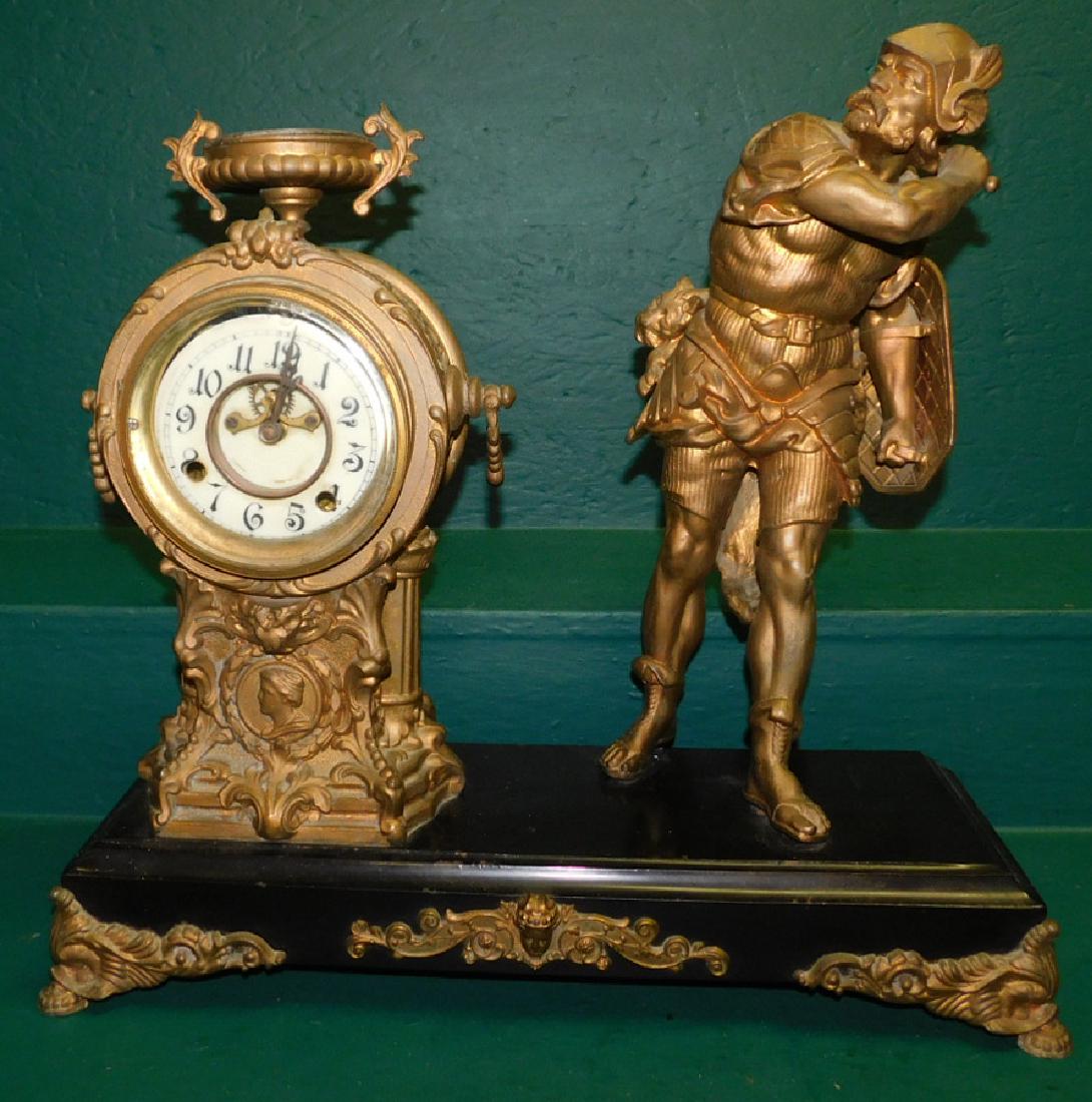 Spelter New Haven Open Escapement Clock: Spelter New Haven Open Escapement Shelf Clock With Knight. 20" W 7" D 19" H