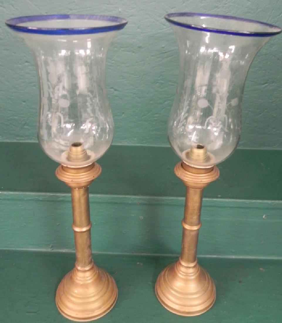 Pair of br c/sticks w/ etched hurricane shades (1 of 3)