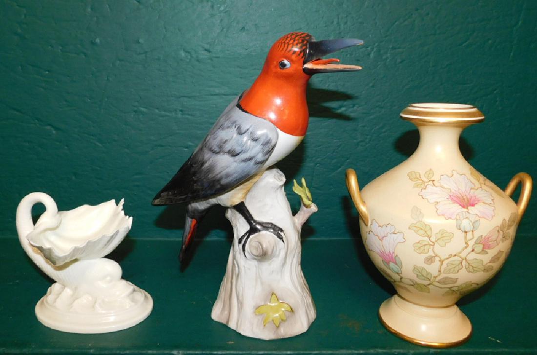 Wedgwood pitcher, porc bird, & Belleek dish: Wedgwood pitcher, porcelain bird, and Irish Belleek soap dish. Up to 10" H