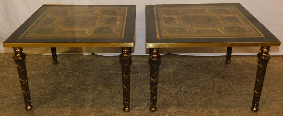Pr gold decorated black lacquered tea tables: Pair of gold decorated black lacquered tea tables. 22" square 15" H