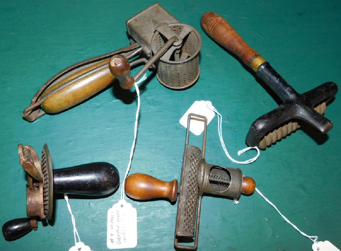 Three Antique Graters & Pasta Roller: Three Antique Graters & Pasta Roller. 8" Largest