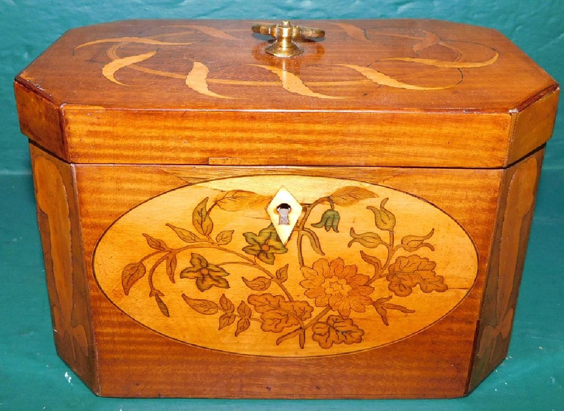 19th C Satinwood Tea Caddy W/ Flowers Motif (1 of 3)