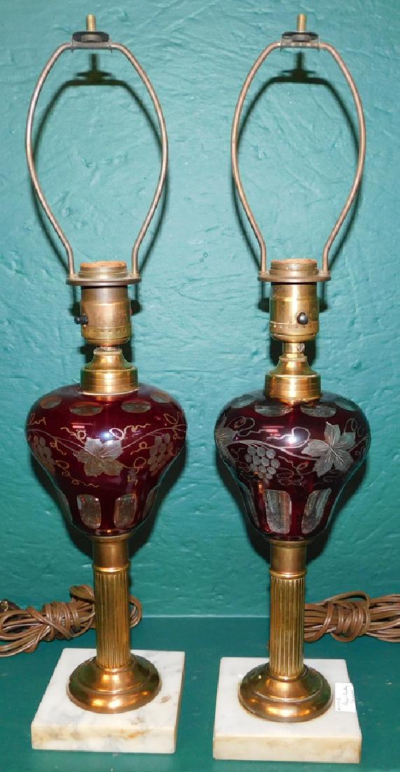 Pair Bohemian Oil Lamps W/ Brass & Marble Base (1 of 2)