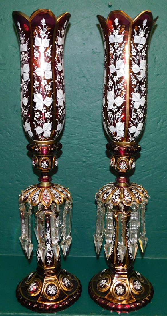Pair Hand Painted Cranberry Candlesticks (1 of 4)