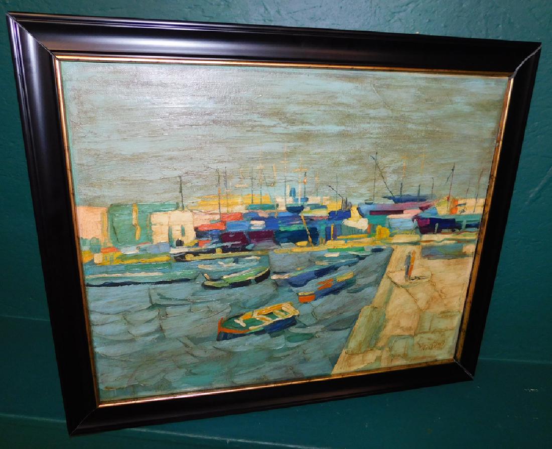 Oil on Canvas Dock Scene Signed Simbari (1 of 4)