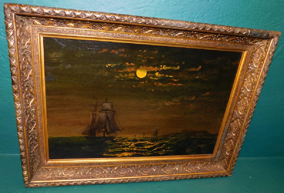 Oil on Board Ship In The Moonlight Scene: Oil on Board Ship In The Moonlight Scene. 22 1/2" X 16 1/2"