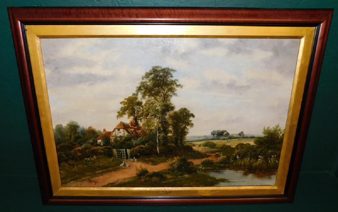 OOC Cottage By Pond Scene Signed A. B. Joel 1903: Oil on Canvas Cottage By Pond Scene Signed A. B. Joel 1903. 36" X 26"