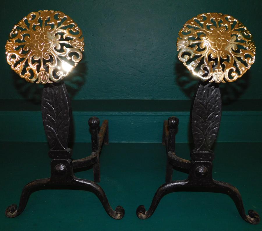 Pr Brass & Iron Goose Neck Andirons By Harvin: Pair Brass & Iron Goose Neck Thistle Medallion Andirons By Harvin. 19 1/2" H