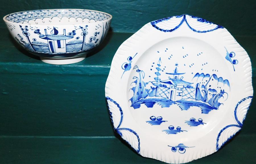 18th C pearlware bowl and featheredge plate: 18th C pearlware bowl and featheredge plate. 9 3/4" Dia. largest