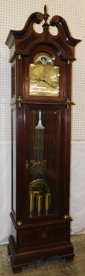 Trend by Sligh 3 weight mah inlaid G/father clock: Trend by Sligh 3 weight mahogany inlaid Grandfather clock. 24" W 14" D 89" H